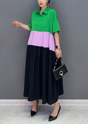 Chic Colorblock Peter Pan Collar Patchwork Cotton A Line Dress Short Sleeve