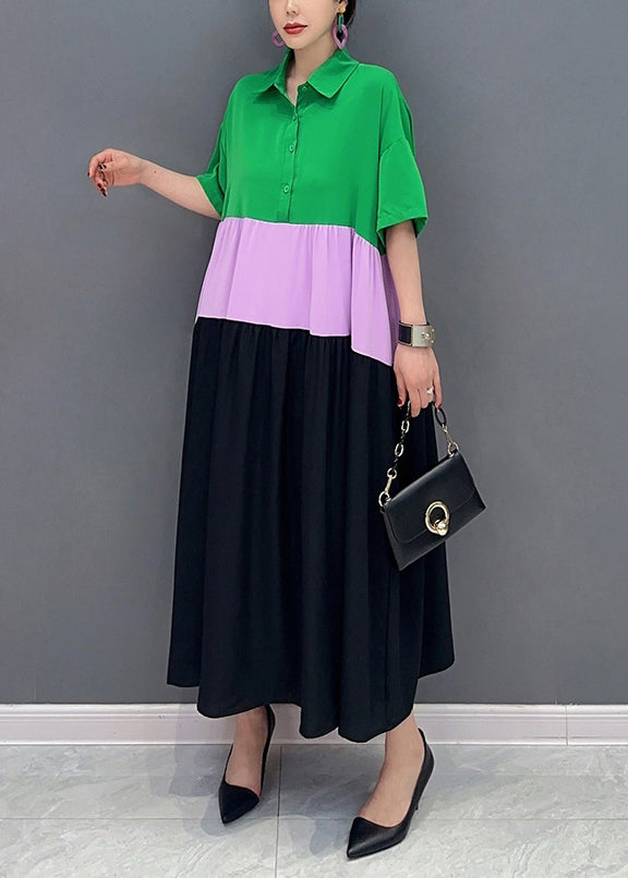 Chic Colorblock Peter Pan Collar Patchwork Cotton A Line Dress Short Sleeve