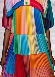 Chic Colorblock Peter Pan Collar Patchwork Wrinkled Chiffon Beach Dress Summer