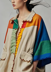 Chic Colorblock Peter Pan Collar Pockets Patchwork Cotton Coat Bracelet Sleeve