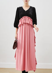 Chic Colorblock Ruffled Patchwork Silk Velour Long Dress Fall