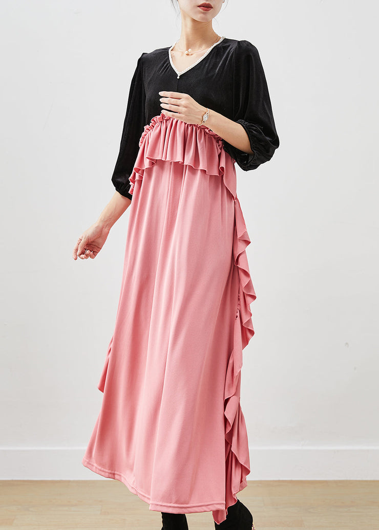 Chic Colorblock Ruffled Patchwork Silk Velour Long Dress Fall