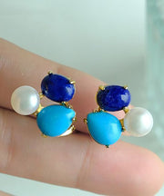 Chic Colorblock Sterling Silver Overgild Turquoise Pearl Stud Earrings