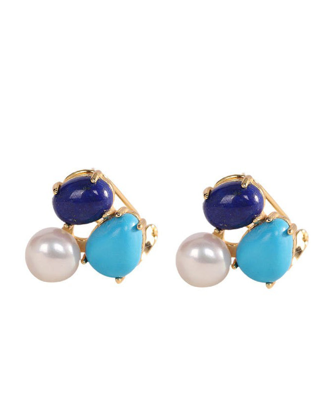 Chic Colorblock Sterling Silver Overgild Turquoise Pearl Stud Earrings