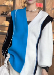 Chic Colorblock V Neck Asymmetrical Patchwork Knit Tops Fall