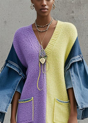 Chic Colorblock V Neck Patchwork Denim Sweater Dress Fall