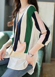 Chic Colorblock V Neck Patchwork Striped Knit Cardigans Spring