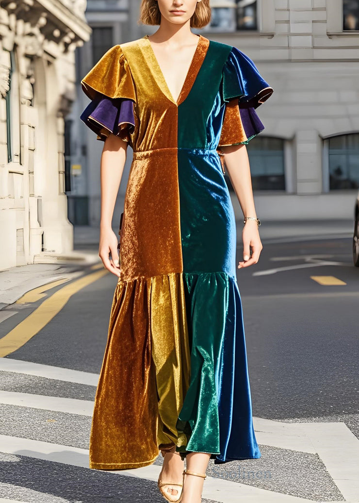 Chic Colorblock V Neck Patchwork Velvet Dress Butterfly Sleeve