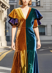 Chic Colorblock V Neck Patchwork Velvet Dress Butterfly Sleeve