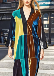 Chic Colorblock V Neck Patchwork Velvet Dresses Long Sleeve