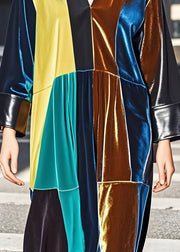 Chic Colorblock V Neck Patchwork Velvet Dresses Long Sleeve