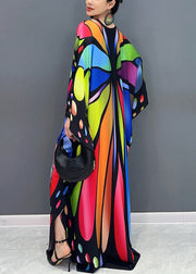 Chic Colorblock V Neck Print Cotton Maxi Dresses Batwing Sleeve