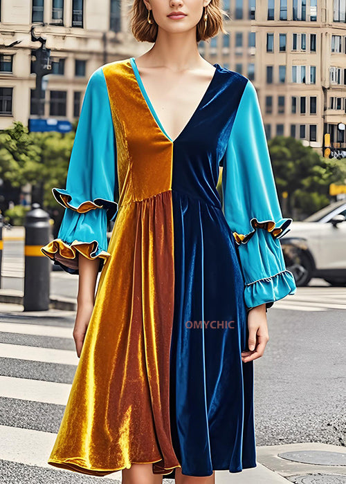 Chic Colorblock V Neck Ruffled Patchwork Velvet Dress Fall