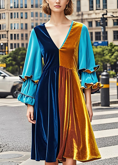 Chic Colorblock V Neck Ruffled Patchwork Velvet Dress Fall