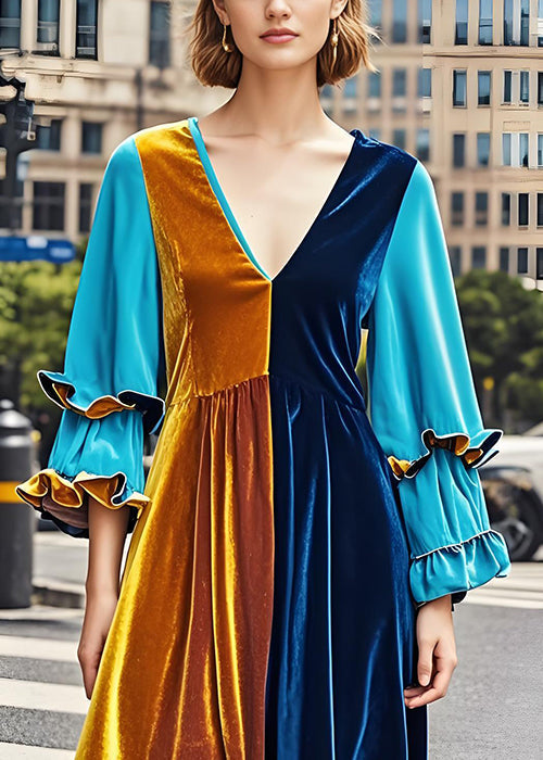 Chic Colorblock V Neck Ruffled Patchwork Velvet Dress Fall