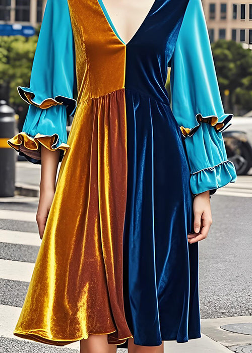 Chic Colorblock V Neck Ruffled Patchwork Velvet Dress Fall