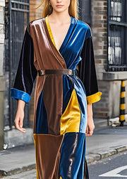 Chic Colorblock V Neck Sashes Patchwork Velvet Long Dresses Fall