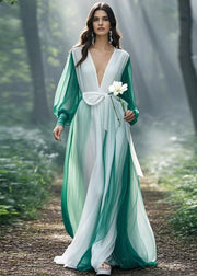 Chic Colorblock V Neck Tie Waist Chiffon Maxi Dresses Spring