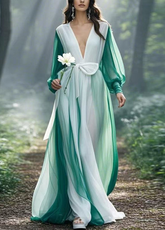 Chic Colorblock V Neck Tie Waist Chiffon Maxi Dresses Spring