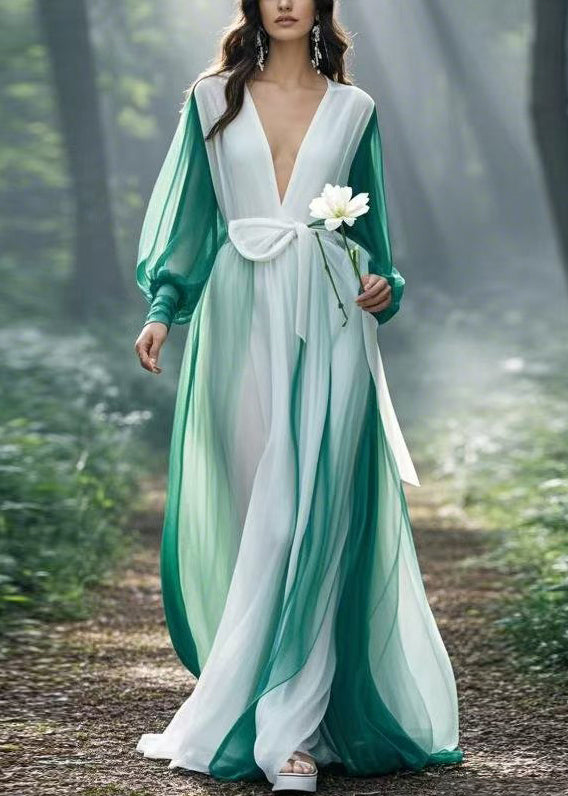 Chic Colorblock V Neck Tie Waist Chiffon Maxi Dresses Spring