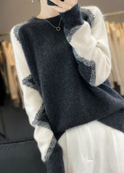 Chic Dark Gray O Neck Patchwork Cozy Wool Sweaters Spring