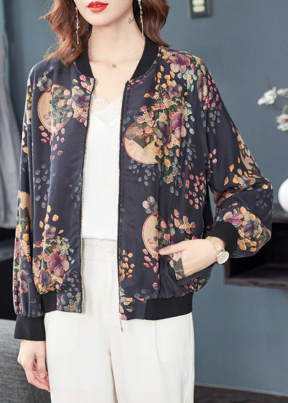 Chic Dark Gray Zip Up Print Pockets Patchwork Silk Coats Fall