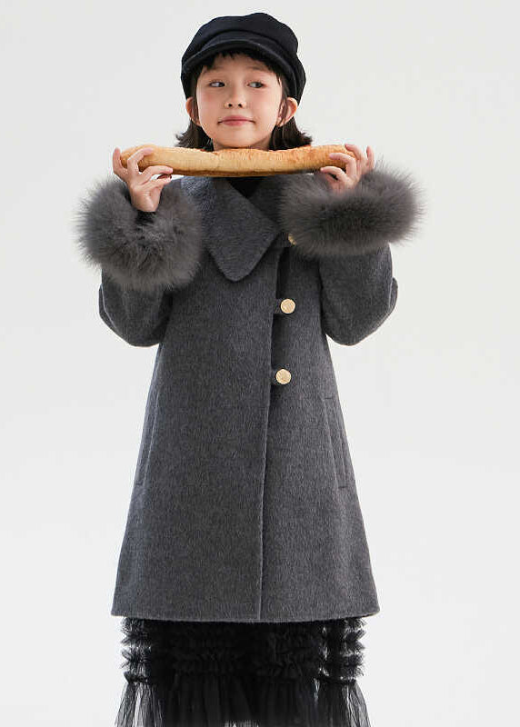 Chic Dark Grey Asymmetrical Patchwork Pockets Girls Long Woolen Coats Fall