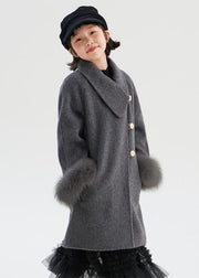 Chic Dark Grey Asymmetrical Patchwork Pockets Girls Long Woolen Coats Fall