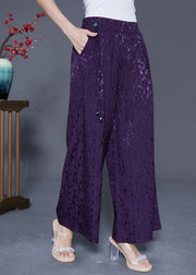 Chic Dark Purple Elastic Waist Jacquard Silk Pants Summer