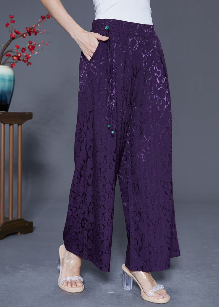 Chic Dark Purple Elastic Waist Jacquard Silk Pants Summer