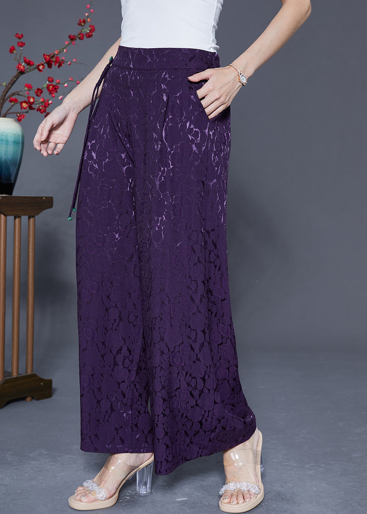 Chic Dark Purple Elastic Waist Jacquard Silk Pants Summer