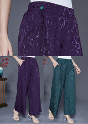 Chic Dark Purple Elastic Waist Jacquard Silk Pants Summer