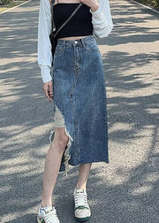 Chic Denim Blue Asymmetrical Patchwork Pockets A Line Skirt