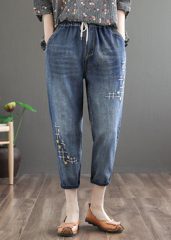 Chic Denim Blue Elastic Waist Embroideried Cotton Crop Pants Spring