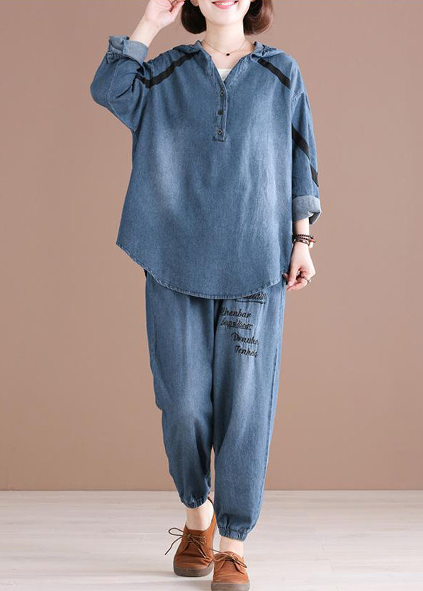 Chic Denim Blue Embroideried Hooded Top And Pants Two Pieces Set Fall