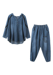 Chic Denim Blue Embroideried Hooded Top And Pants Two Pieces Set Fall