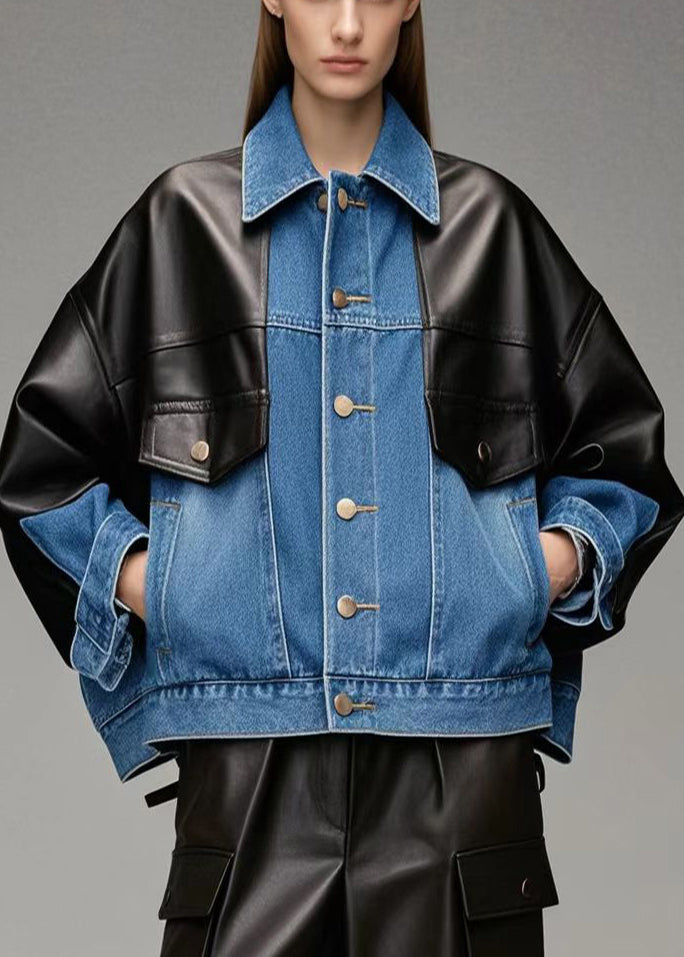 Chic Denim Blue Oversized Patchwork Faux Leather Jackets Fall