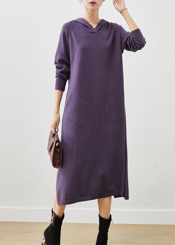 Chic Dull Purple Hooded Side Open Knit Dress Spring