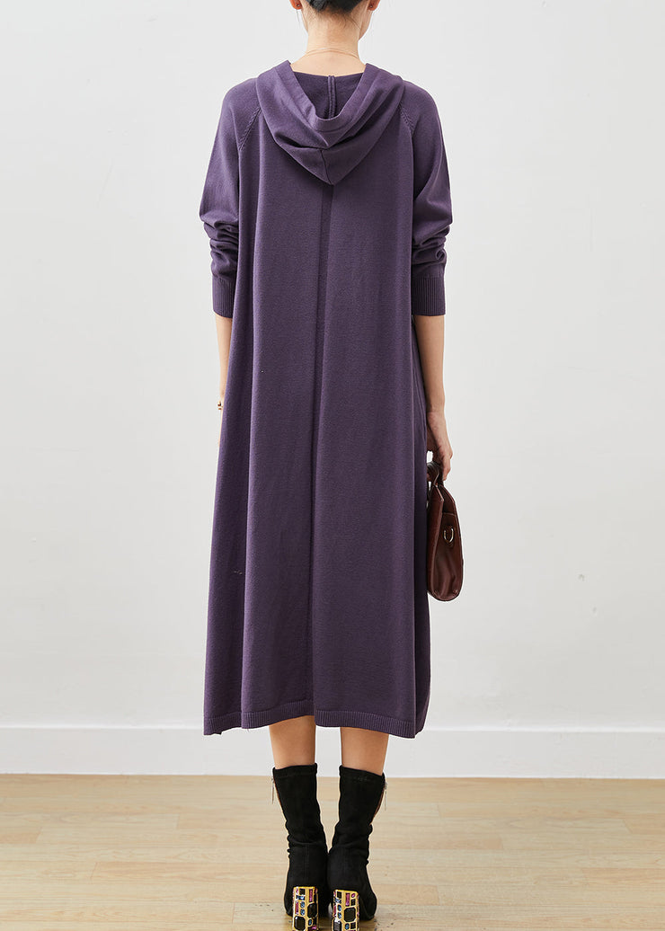 Chic Dull Purple Hooded Side Open Knit Dress Spring