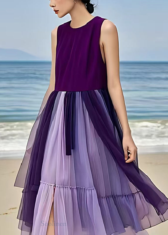 Chic Dull Purple Patchwork Tulle Dress Exra Large Hem Sleeveless