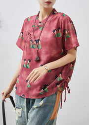 Chic Dull Red Print Chinese Button Silk Shirt Summer