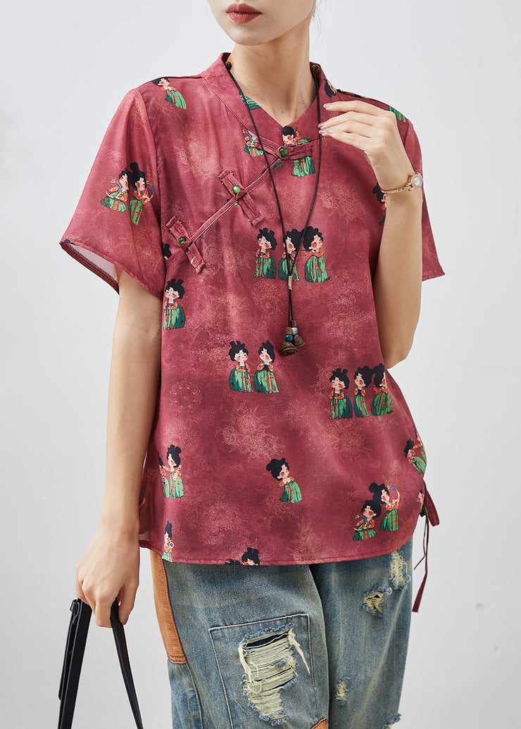 Chic Dull Red Print Chinese Button Silk Shirt Summer