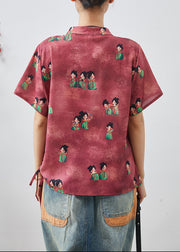 Chic Dull Red Print Chinese Button Silk Shirt Summer