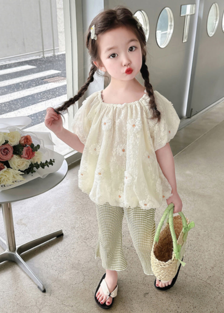Chic Embroideried Floral Kids Shirt And Flared Trousers Two Piece Set Short Sleeve