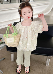 Chic Embroideried Floral Kids Shirt And Flared Trousers Two Piece Set Short Sleeve