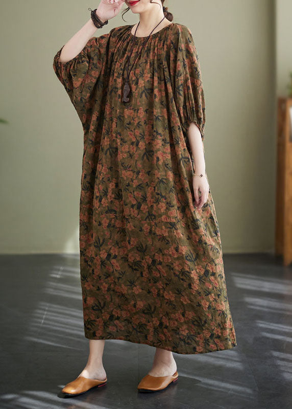 Chic Floral O Neck Wrinkled Patchwork Cotton Long Dresses Lantern Sleeve