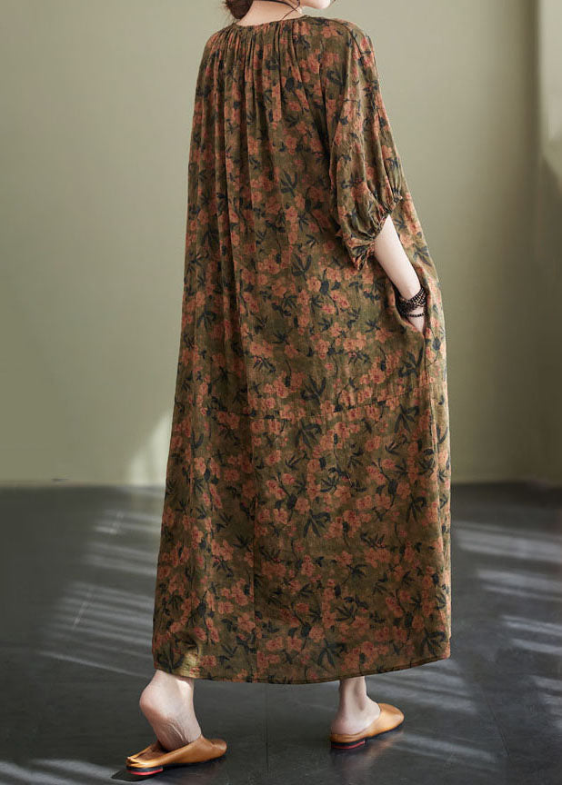 Chic Floral O Neck Wrinkled Patchwork Cotton Long Dresses Lantern Sleeve