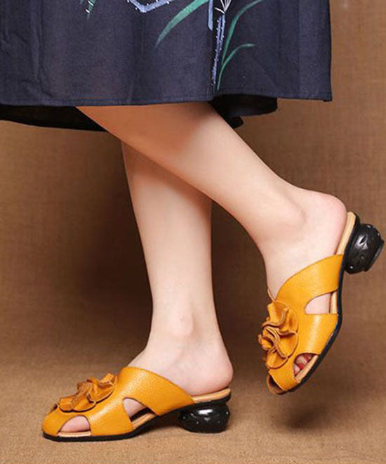 Chic Floral Splicing Yellow Cowhide Leather Slide Sandals