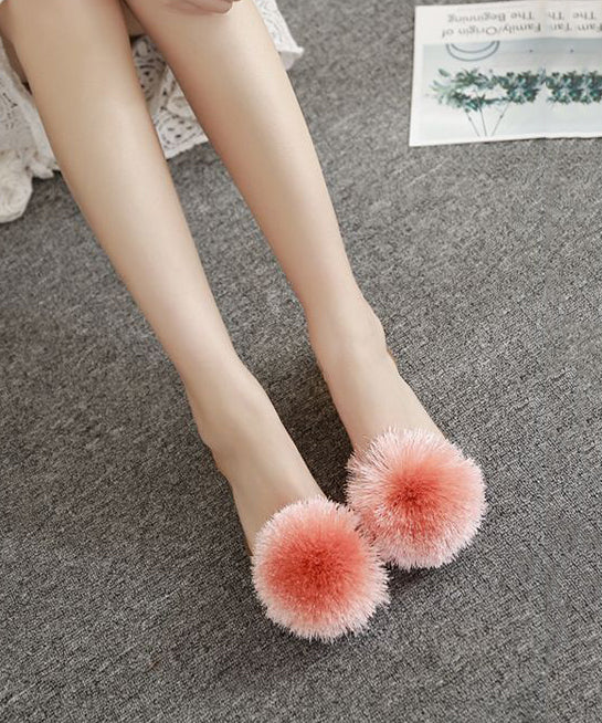 Chic Fuzzy Ball Decorated Transparent Flat Fish Mouth Sandals