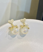 Chic Gold Alloy Zircon Pearl Bow Love Drop Earrings